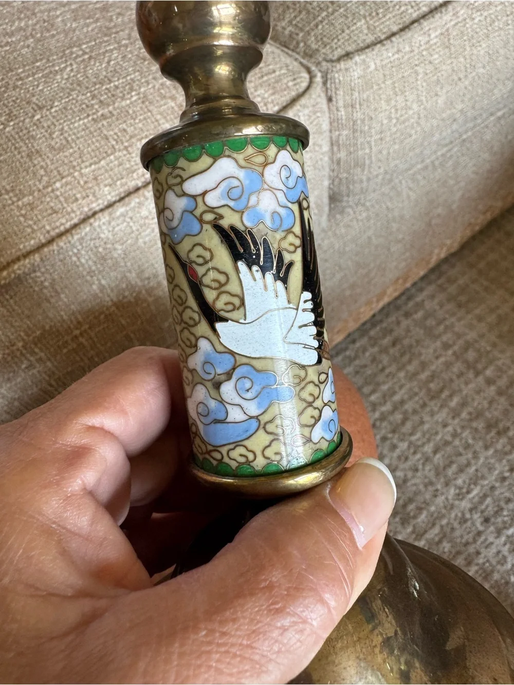 2 Brass Cloisonné Crane Candlestick Pair - White and Green Accent
